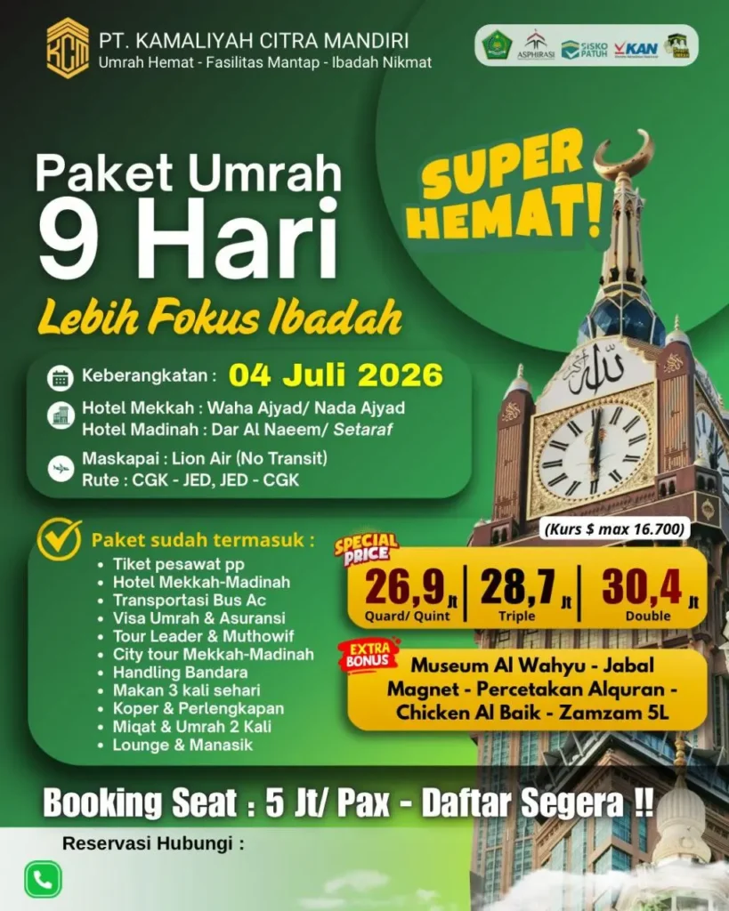 umrah 9 hari 4 juli 2026 KCM